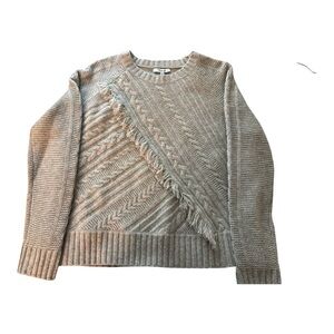 MADEWELL merino wool sweater, light gray sz small. Crisscross fringe cable knit